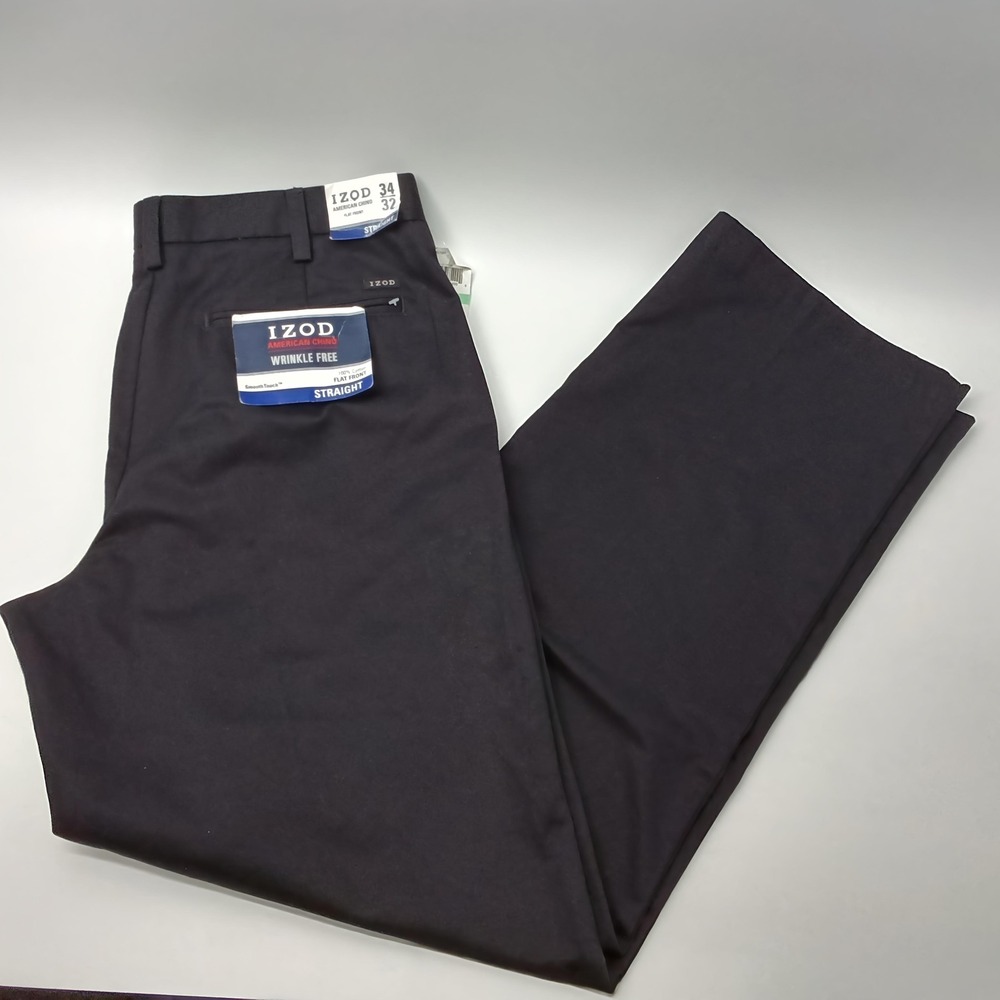 IZOD American Chino Mens 34x32 Black 45BM007001 Wrinkle Free Straight Flat Front